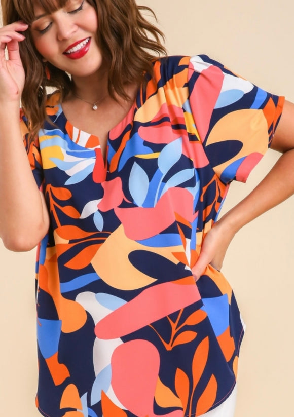 Navy Mix V-Neck Top-Plus